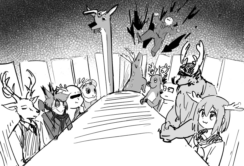 1girl, 4boys, :3, alastor_(hazbin_hotel), antlers, beastars, bleach, chair