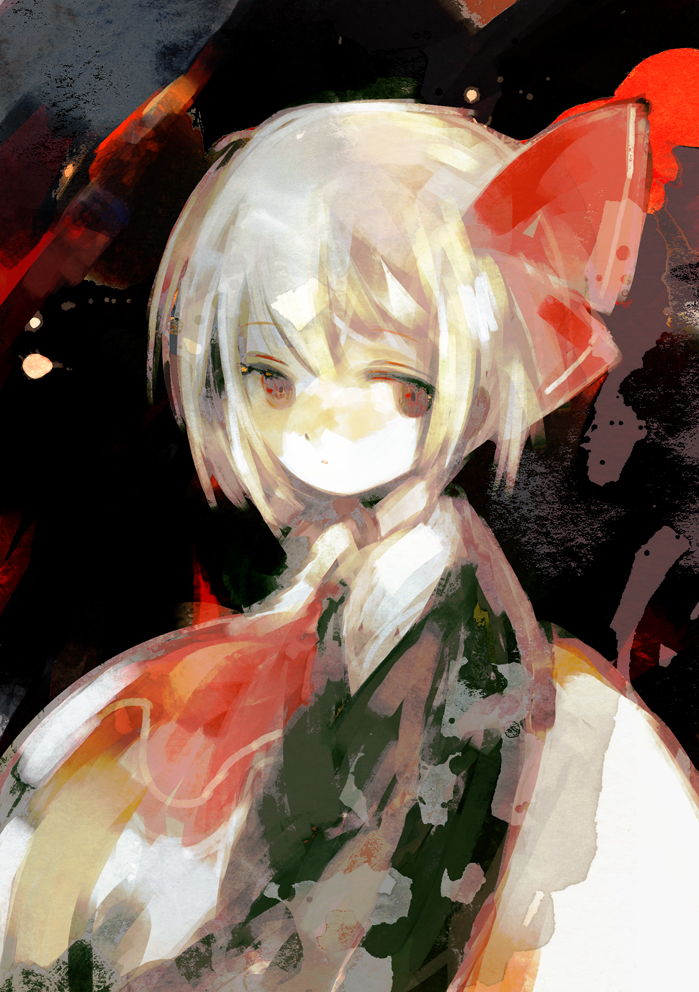 1girl, ascot, black_vest, blonde_hair, closed_mouth, hair_ribbon, red_ascot, red_eyes