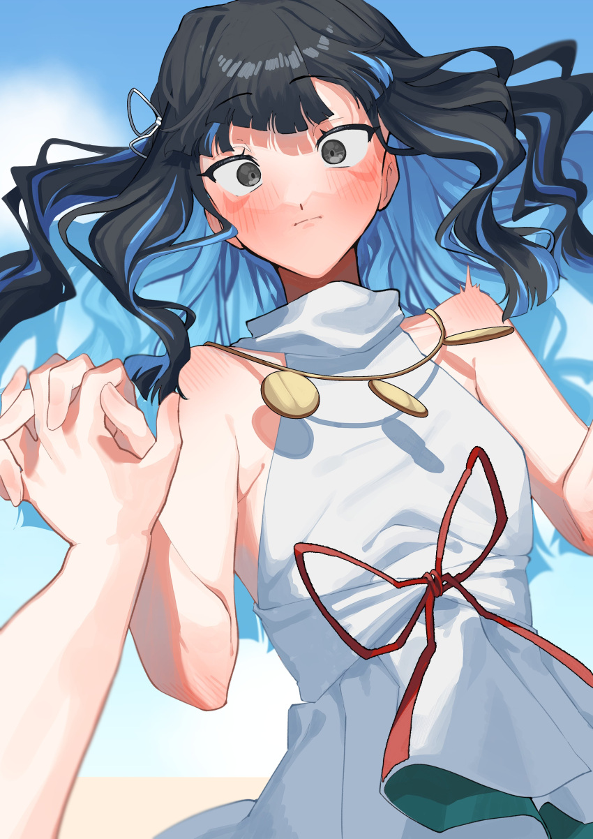 1girl, absurdres, black_hair, blue_hair, blush, colored_inner_hair, dress, embarrassed