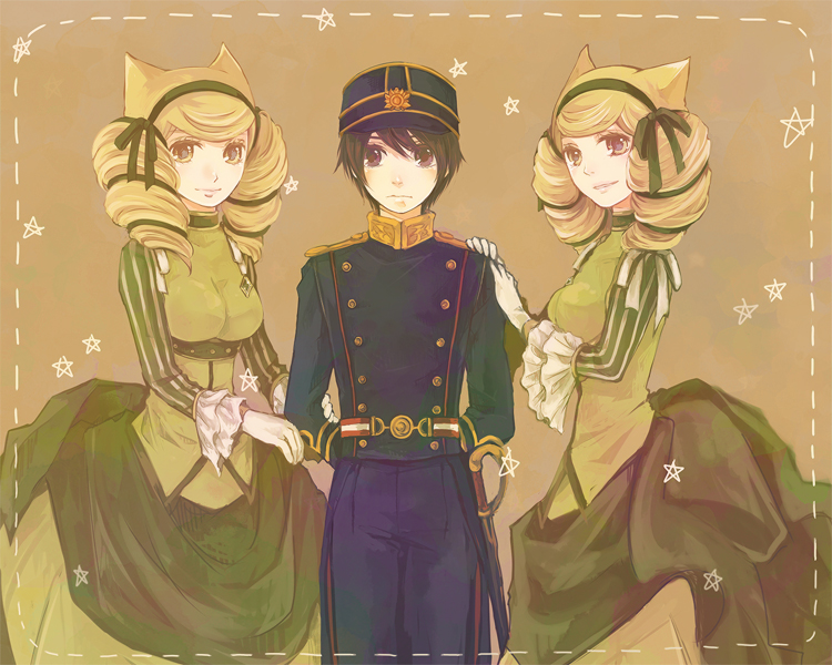 black_hair, blonde_hair, bonbori, bow, brown_eyes, dress, drill_hair, fox_ears, hair_bow, hair_ornament, hair_ribbon, hanakiri_ganryuu, hat, hoozuki_(otome_youkai_zakuro), long_hair, military, military_uniform, otome_youkai_zakuro, ribbon, siblings, sisters, smile, standing, twins, uniform, xylit01, yellow_eyes