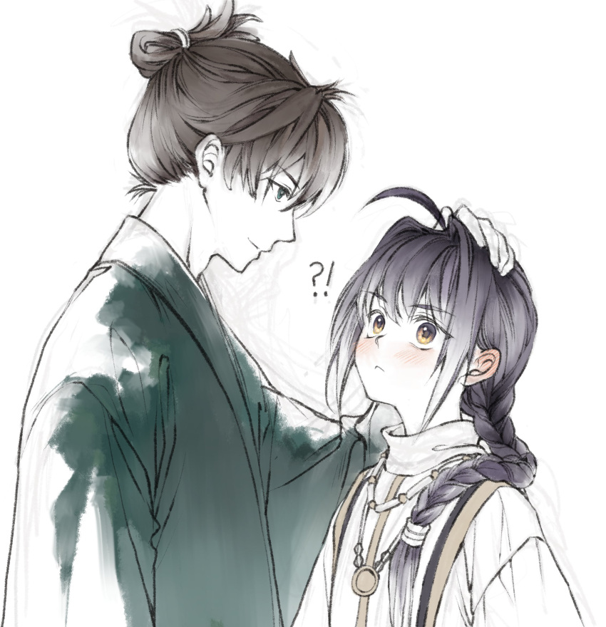 !?, 1boy, 1other, :<, ahoge, androgynous, black_hair, braid