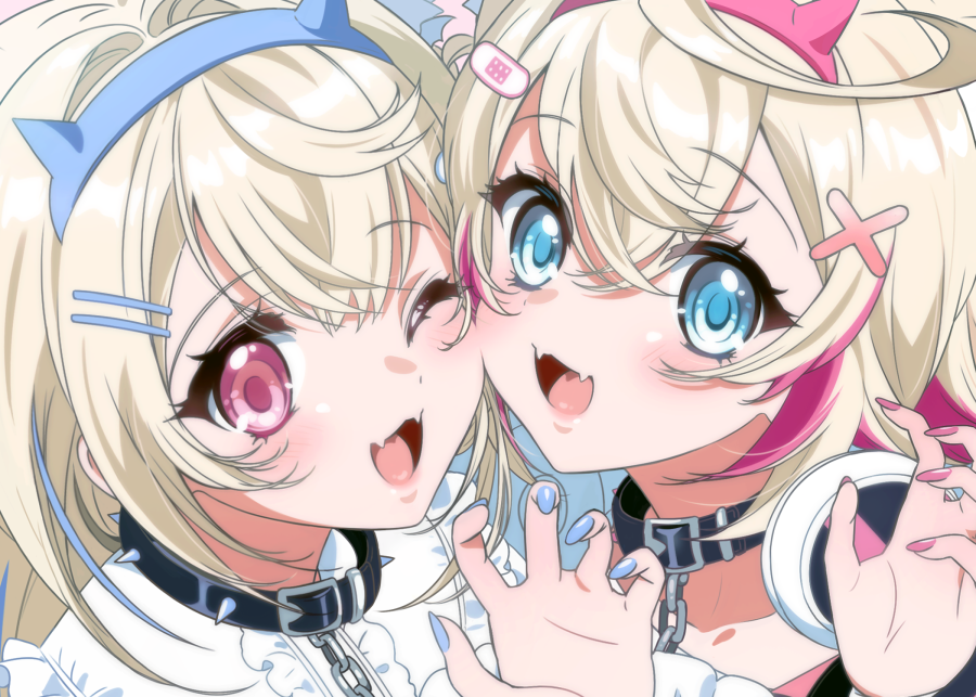 2girls, animal_ear_fluff, animal_ears, bandaid, bandaid_hair_ornament, belt_collar, black_collar, blonde_hair