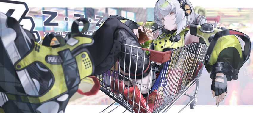 1girl, absurdres, anby_demara, black_thighhighs, commentary_request, drink, drinking, drinking_straw