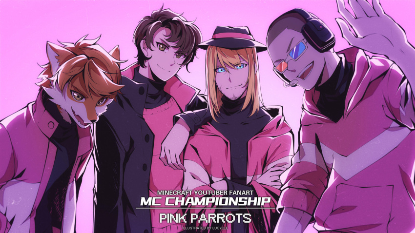 3d_glasses, 4boys, animal_ears, animal_nose, animification, arm_on_another's_shoulder, bald, beard_stubble