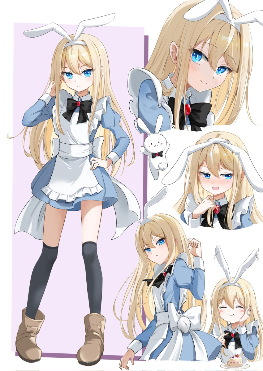1girl, :<, :t, alice_(alice_in_wonderland), animal_ears, apron, black_bow, black_bowtie, black_thighhighs, blonde_hair, blue_dress, blue_eyes, blush, blush_stickers, boots, bow, bowtie, brooch, brown_footwear, cake, closed_mouth, commentary_request, corrupted_twitter_file, dress, eating, fake_animal_ears, food, frilled_apron, frills, hand_on_own_hip, highres, jewelry, juliet_sleeves, long_hair, long_sleeves, looking_at_viewer, multiple_views, omo_omochi_zzz, original, puffy_sleeves, rabbit_ears, smile, standing, straight_hair, strawberry_shortcake, stuffed_animal, stuffed_rabbit, stuffed_toy, thigh-highs, very_long_hair, white_apron
