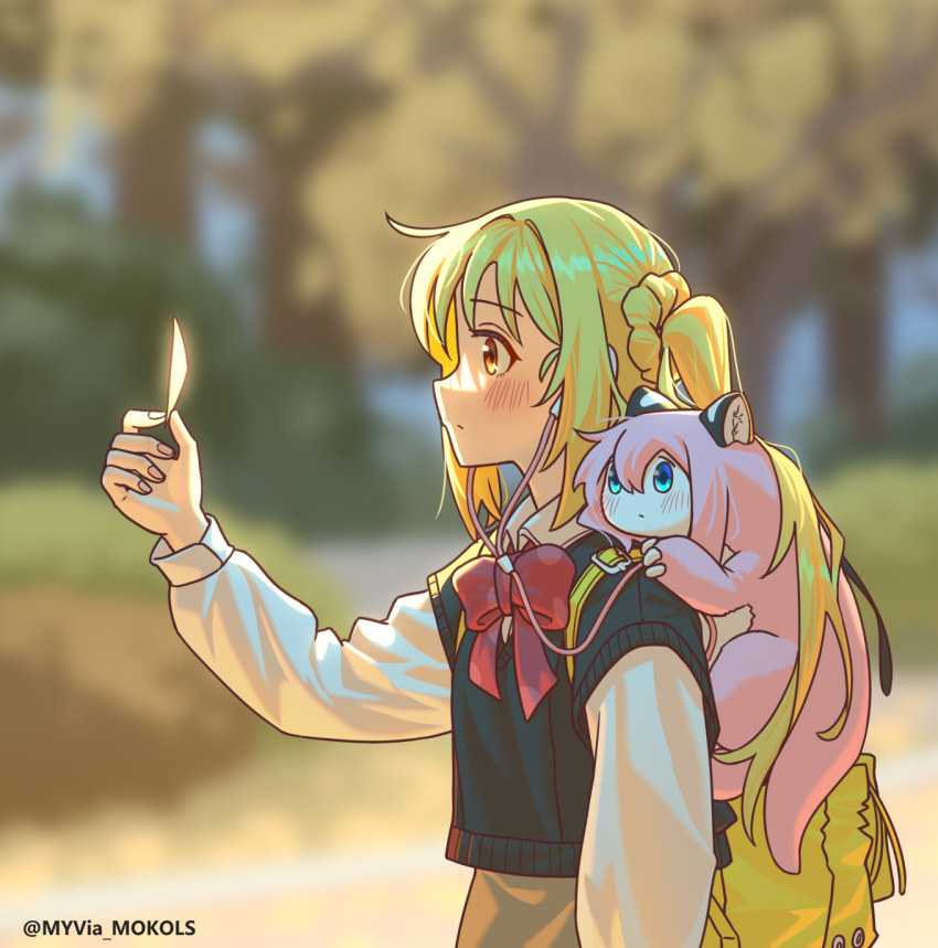1girl, ahoge, animal, animal_on_shoulder, animalization, artist_name, black_cardigan, blonde_hair