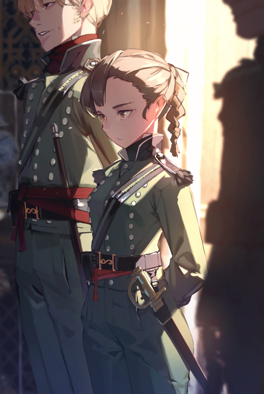 1girl, 2boys, absurdres, arms_behind_back, baton_(weapon), blonde_hair, blurry, blurry_background