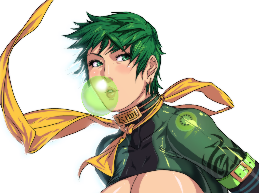 bubblegum, bust, cleavage, earrings, green_eyes, green_hair, jewelry, kiwi