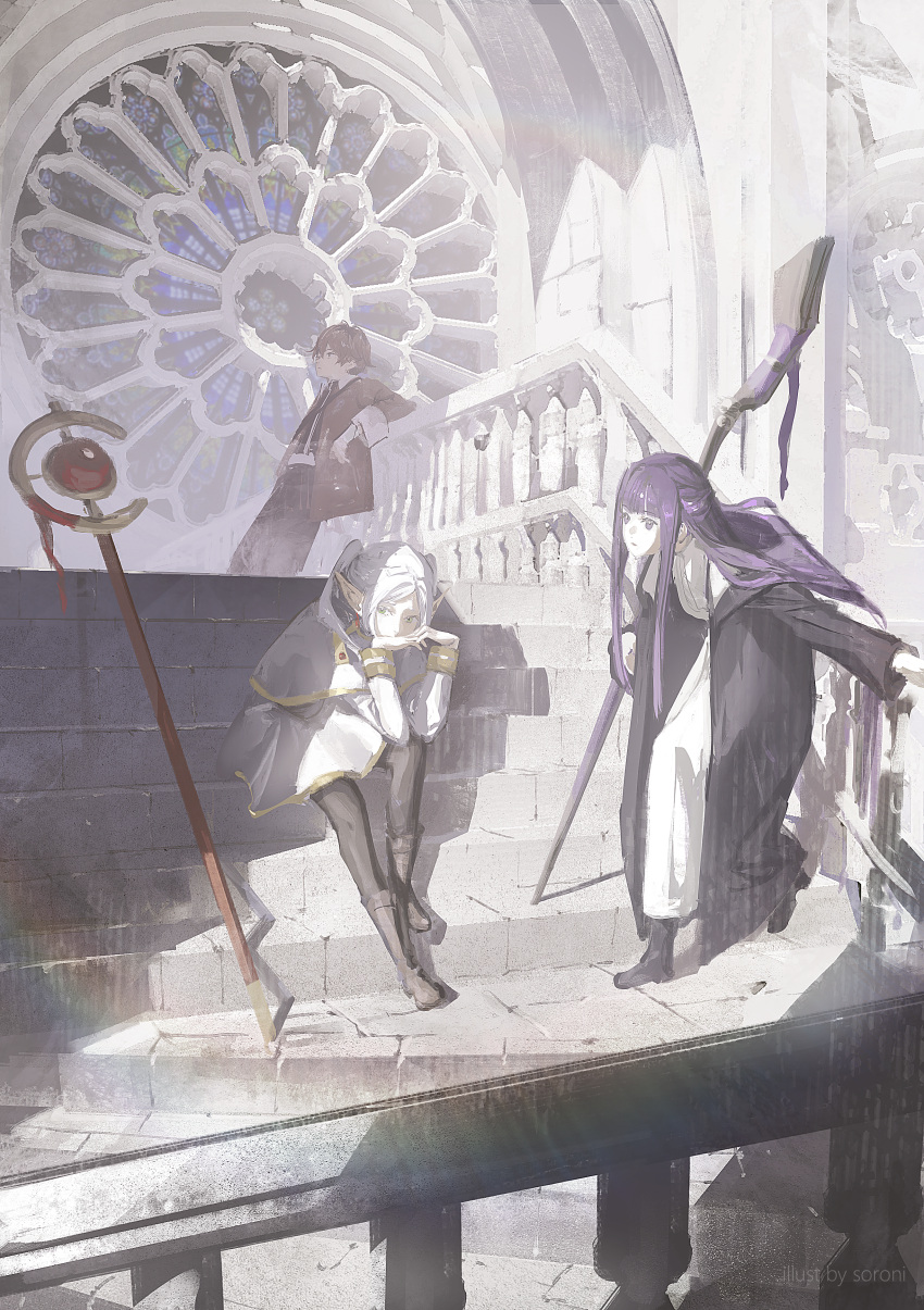 1boy, 2girls, absurdres, arch, architecture, artist_name, baluster, black_coat, black_pantyhose, boots, brown_footwear, capelet, coat, commentary, dress, earrings, elf, english_commentary, fern_(sousou_no_frieren), floating_earring, frieren, from_side, full_body, gold_trim, gothic_architecture, highres, jacket, jewelry, leaning, looking_at_another, mage_staff, multiple_girls, muted_color, open_clothes, open_jacket, outdoors, pantyhose, pointy_ears, purple_hair, railing, red_jacket, redhead, rose_window, sitting, skirt, sorrowny, sousou_no_frieren, staff, stairs, stark_(sousou_no_frieren), twintails, violet_eyes, white_capelet, white_dress, white_hair, white_skirt, white_theme