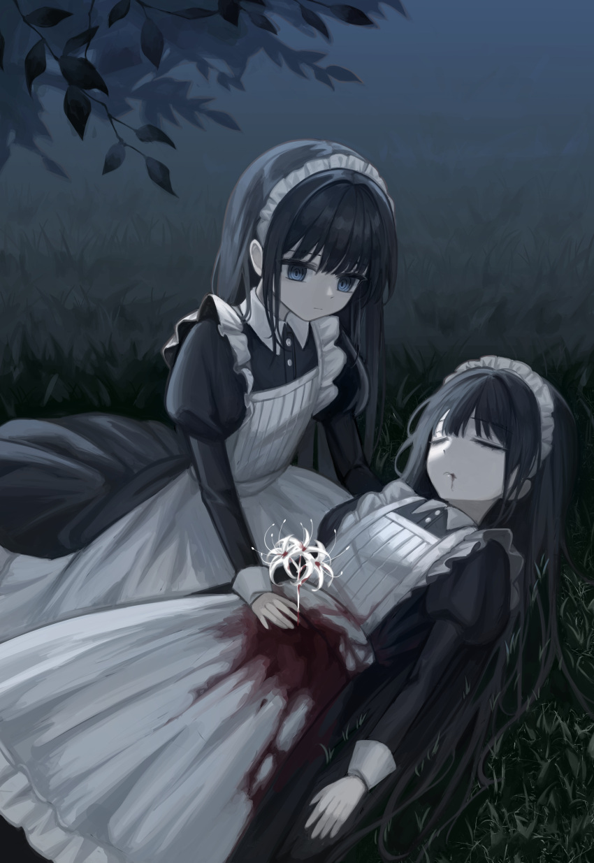 2girls, absurdres, apron, black_dress, black_hair, blood, blood_from_mouth, blood_on_clothes, blue_eyes, buttons, closed_eyes, closed_mouth, collared_dress, dress, flower, fog, grass, highres, injury, juliet_sleeves, kkamkkam, long_hair, long_sleeves, lying, maid, maid_apron, maid_headdress, multiple_girls, on_back, original, outdoors, pale_skin, puffy_sleeves, ringed_eyes