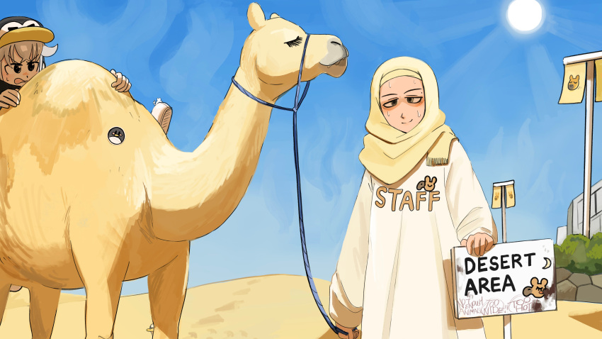 2girls, absurdres, bird, camel, desert, desert_area_keeper_(diva), diva_(hyxpk), doughnut_stamp, duck, english_commentary, grey_hair, hat, highres, hijab, multiple_girls, penguin_hat, penguin_keeper_(diva), robe, rope, sand, sun, sweat, white_robe, zoo, zookeeper, zookeepers_(diva)