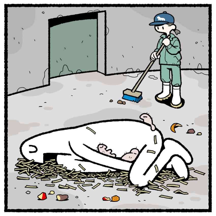 1girl, 1other, baseball_cap, black_eyes, blue_hat, boots, border, broom
