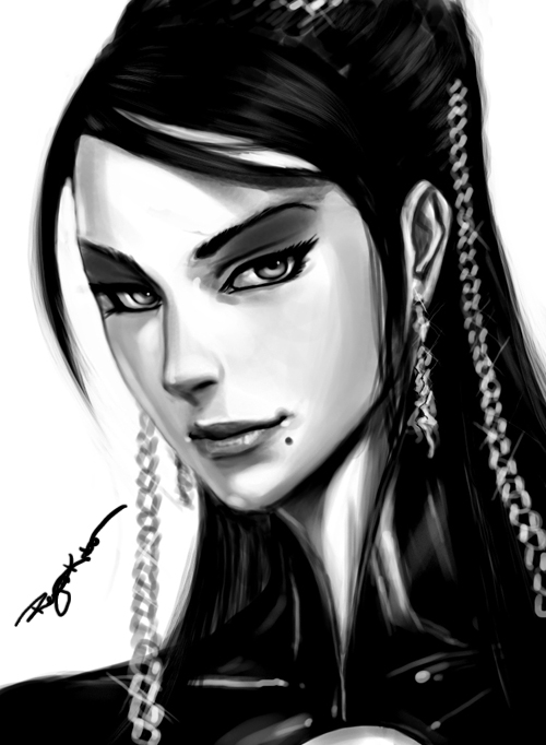 bayonetta_(character), chain, chains, earrings, jewelry, lips, long_hair, mole
