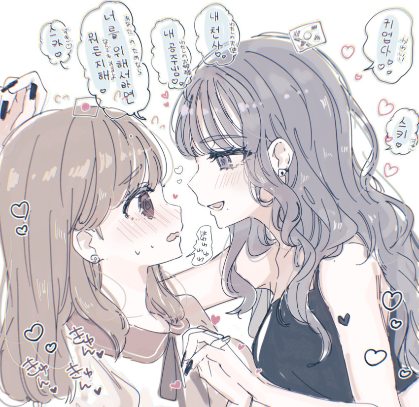 2girls, @_@, age_difference, blush, brown_hair, earrings, fake_nails, grey_hair