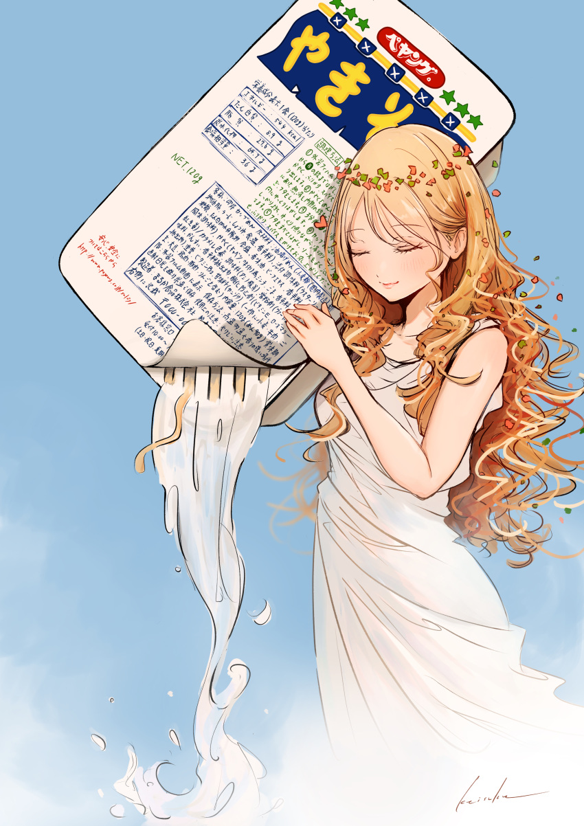 1girl, absurdres, blonde_hair, blue_background, closed_eyes, closed_mouth, commentary_request, curly_hair