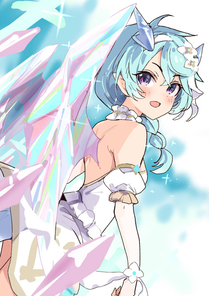 1girl, backless_dress, backless_outfit, blue_hair, braid, dragon_girl, dragon_horns, dragon_wings