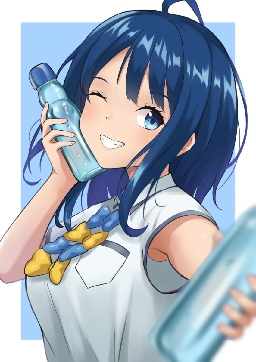 1girl, absurdres, ahoge, blue_bow, blue_bowtie, blue_eyes, blue_hair, blurry