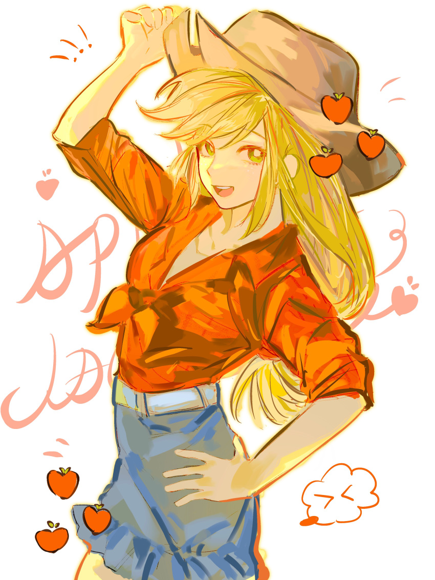 1girl, absurdres, apple, applejack, applejack_(bishoujo), arm_up, belt, blonde_hair