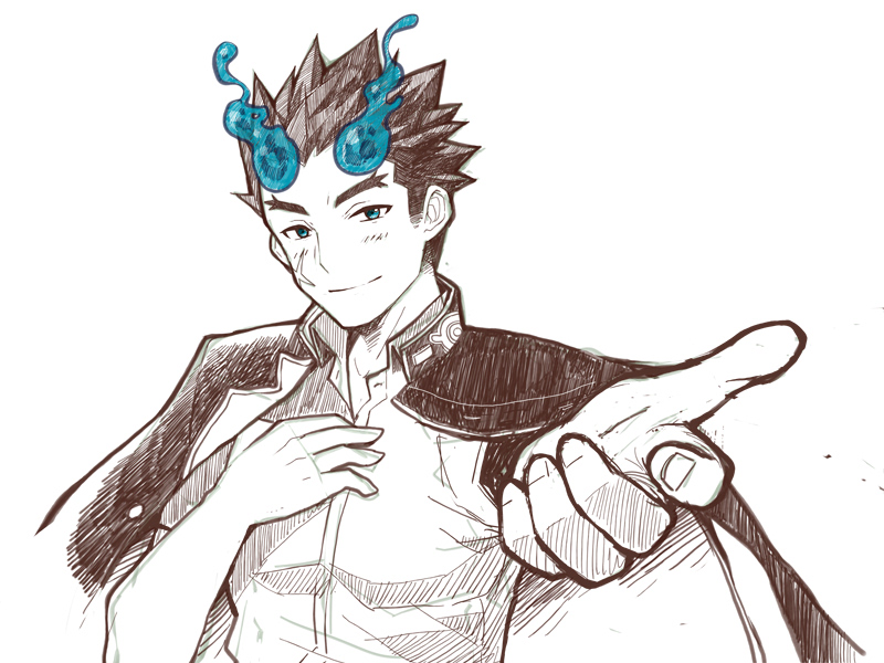 1boy, blue_hair, blush, fiery_horns, foreshortening, gakuran, gorioxxxx, greyscale