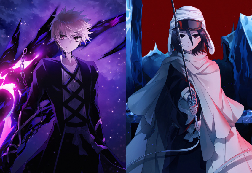 >:), 1boy, 1girl, arms_at_sides, bankai, black_eyes, black_kimono, bleach