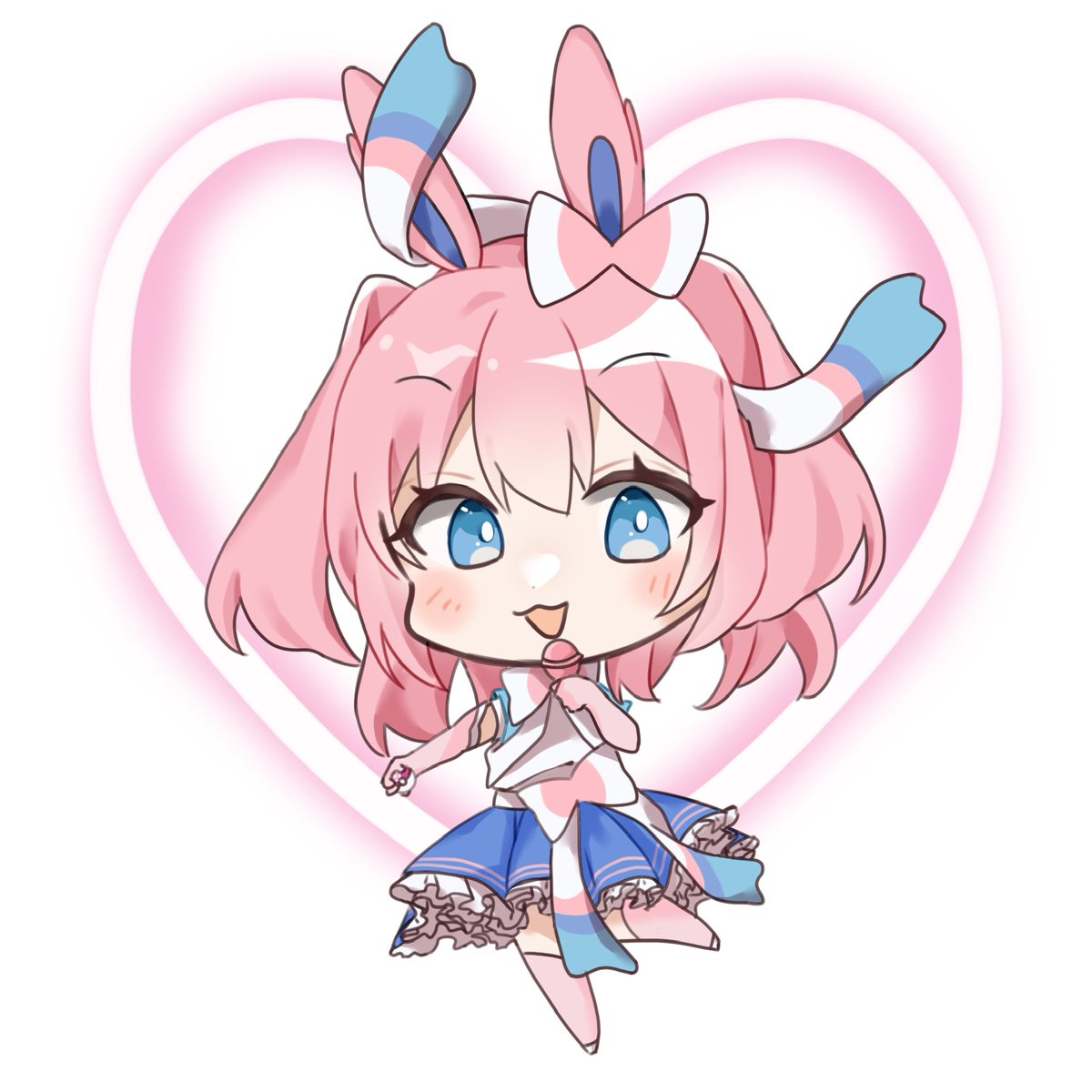 1girl, animal_ears, blue_eyes, blue_skirt, chibi, chibi_only, elbow_gloves, full_body