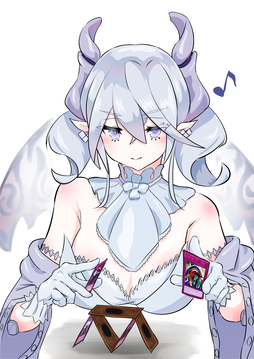 1girl, absurdres, bamboo_tac, breasts, demon_girl, demon_horns, demon_wings, detached_collar
