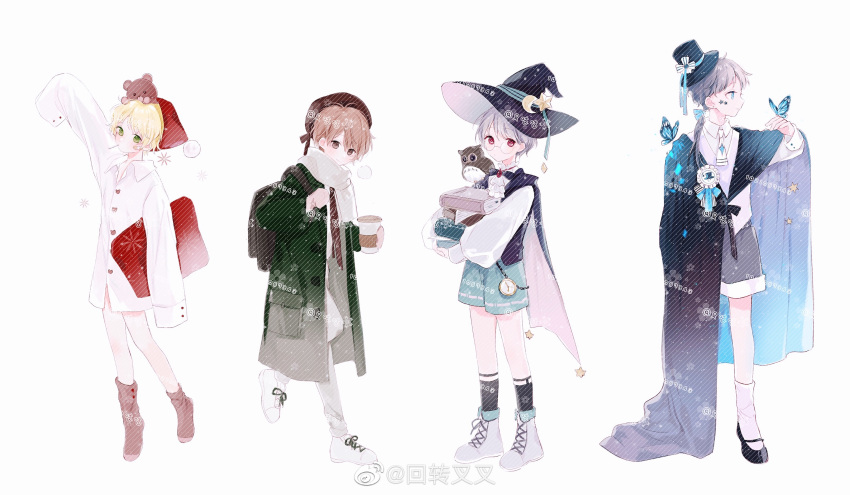 4boys, absurdres, animal_on_shoulder, ankle_socks, arm_up, ascot, backpack, bag