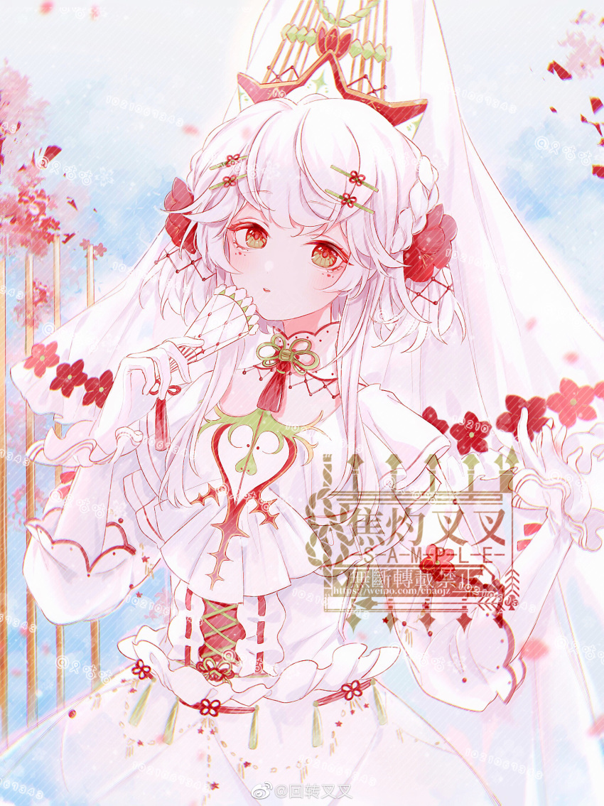 1girl, absurdres, blue_sky, braid, bridal_veil, bride, capelet, ccha