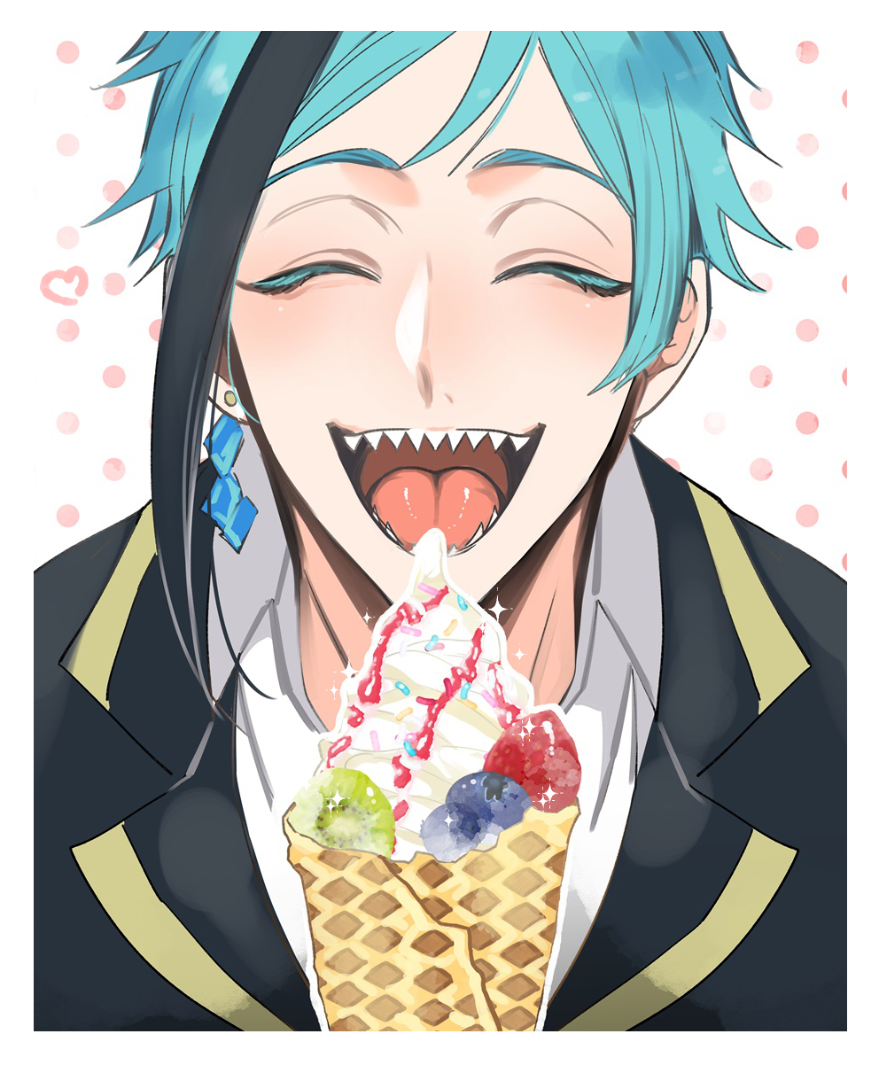 1boy, blue_hair, closed_eyes, fed_by_viewer, floyd_leech, food, gloves, highres