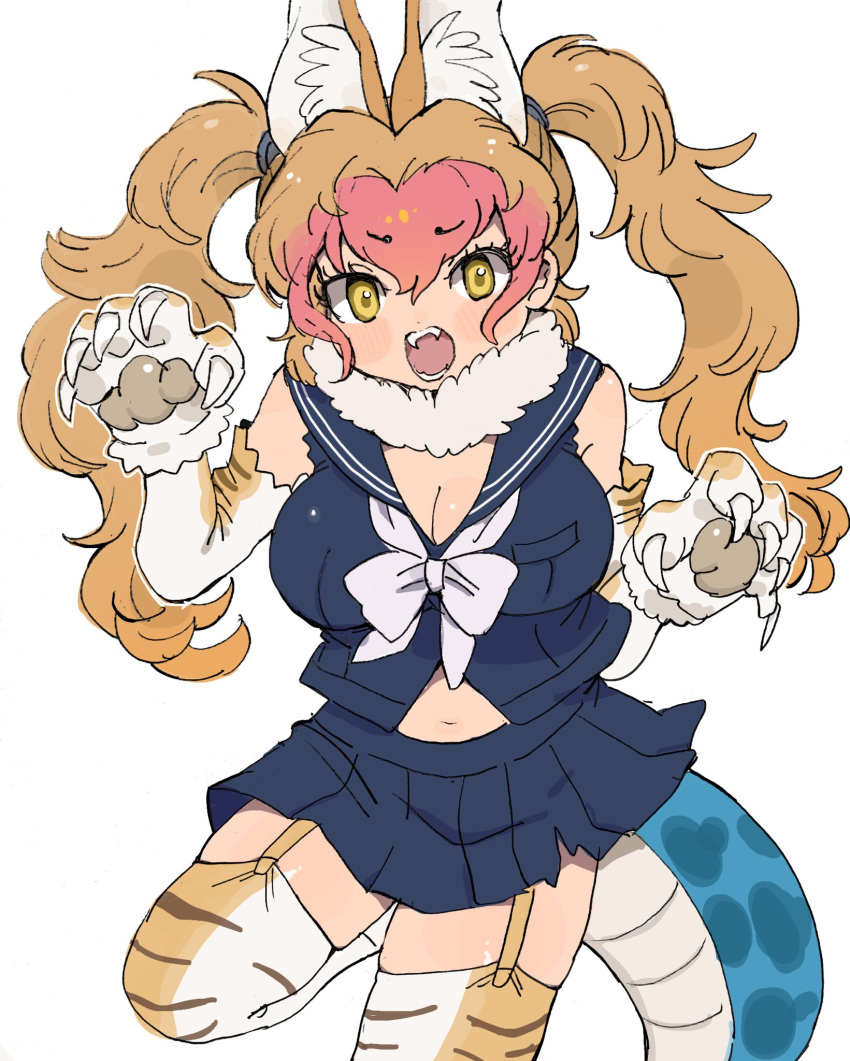 010mzam, 1girl, animal_ears, animal_print, blue_shirt, blue_skirt, blush, bow