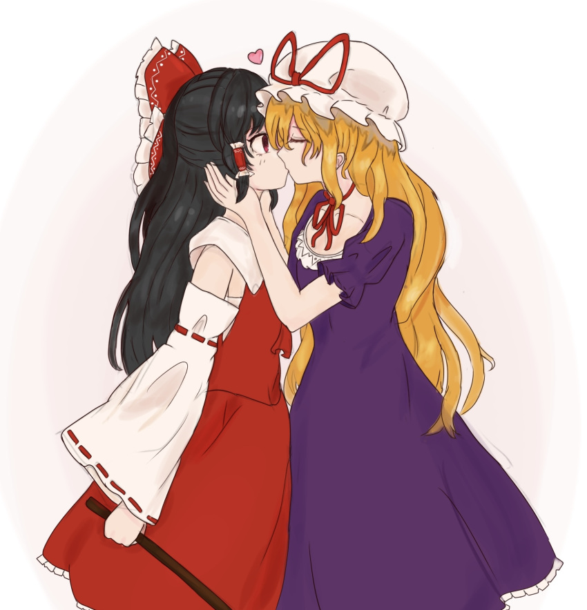 2girls, 83mkneinlsqmebq, ascot, black_hair, blonde_hair, bow, choker, closed_eyes, commentary_request, detached_sleeves, dress, frilled_bow, frilled_hair_tubes, frills, gohei, hair_bow, hair_tubes, hakurei_reimu, hat, hat_ribbon, heart, highres, holding, holding_gohei, kiss, light_blush, long_hair, mob_cap, multiple_girls, purple_dress, red_ascot, red_bow, red_eyes, red_ribbon, red_skirt, ribbon, ribbon-trimmed_sleeves, ribbon_choker, ribbon_trim, short_sleeves, skirt, skirt_set, touhou, very_long_hair, yakumo_yukari, yuri