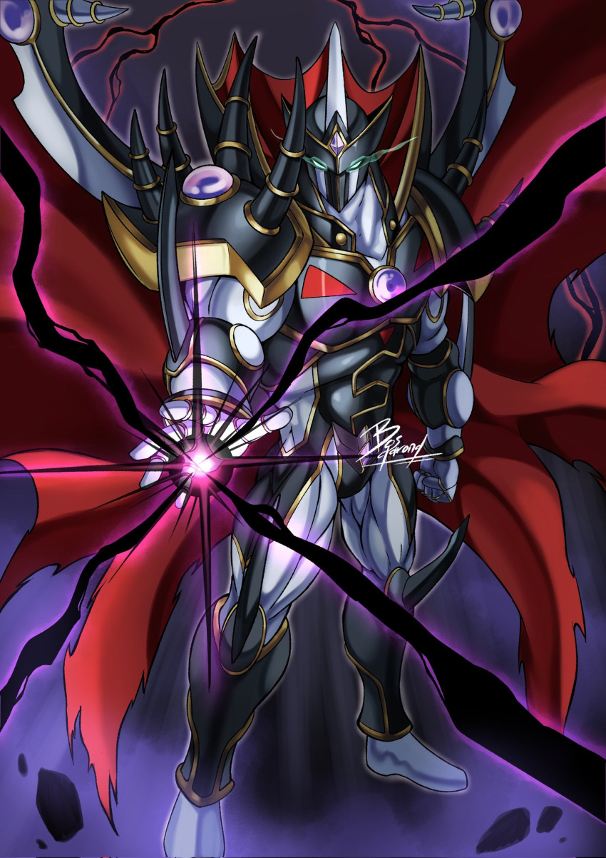 1boy, armor, black_armor, bosgarong, cape, colored_skin, duel_monster, evil_hero_neos_lord, full_body, glowing, glowing_eyes, green_eyes, highres, male_focus, red_cape, shoulder_spikes, solo, spikes, white_skin, yu-gi-oh!