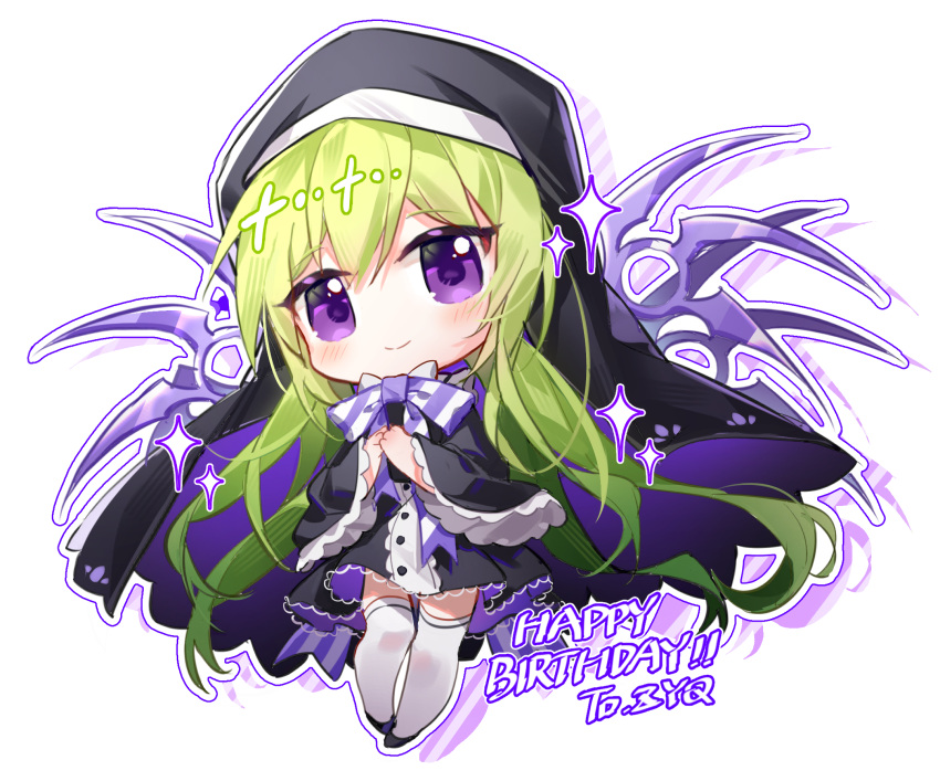 1girl, black_footwear, bow, bowtie, chaos_(sora_no_otoshimono), chibi, closed_mouth, green_hair