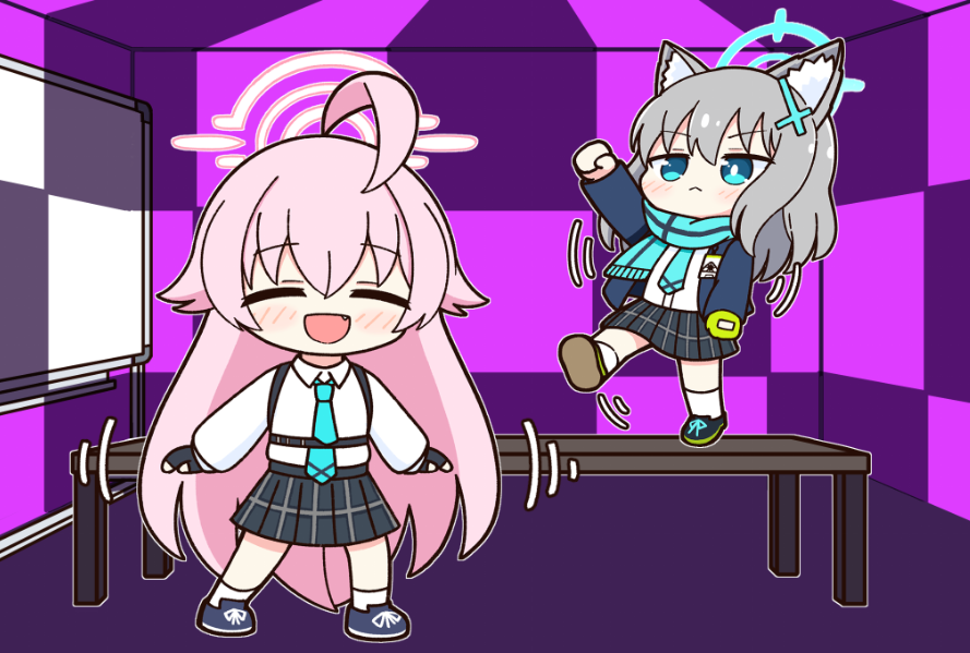 2girls, achilles_(yosshyachillesd), ahoge, animal_ears, black_skirt, blue_archive, blue_jacket, blue_necktie