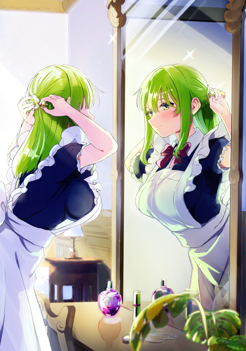 1girl, apron, blue_dress, blush, bow, bowtie, breasts, closed_mouth