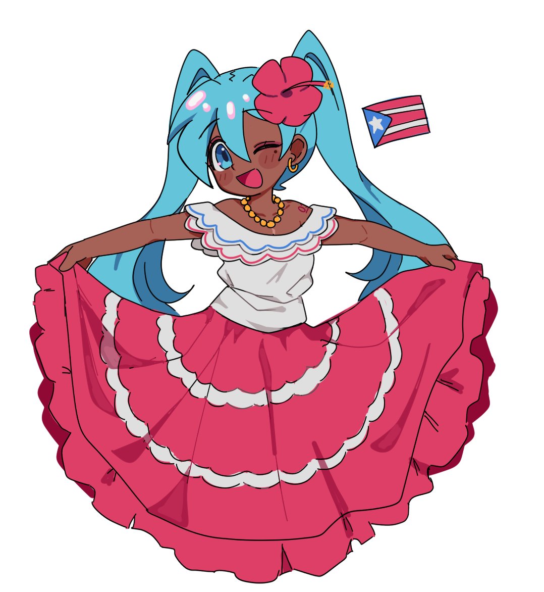 1girl, alternate_skin_color, aqua_eyes, aqua_hair, brujita, dark-skinned_female, dark_skin, earrings, flower, hair_flower, hair_ornament, hatsune_miku, jewelry, long_hair, long_skirt, looking_at_viewer, necklace, off-shoulder_shirt, off_shoulder, one_eye_closed, puerto_rican_flag, red_flower, red_skirt, shirt, simple_background, skirt, solo, twintails, vocaloid, white_background, white_shirt