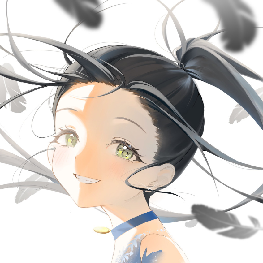 1girl, 50mochimochi, black_hair, choker, feathers, high_ponytail, highres, kamisaki_hikaru