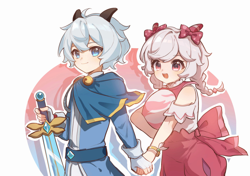 1boy, 1girl, absurdres, bell, blue_eyes, bow, braid, capelet