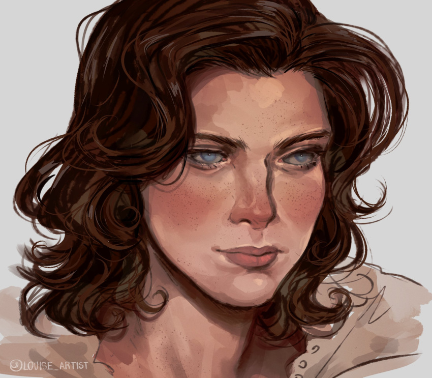 1girl, blue_eyes, brown_hair, brown_lips, close-up, commentary, english_commentary, freckles, highres, hilda_furacao, hilda_furacao_(series), louise_artist, portrait, solo, twitter_username