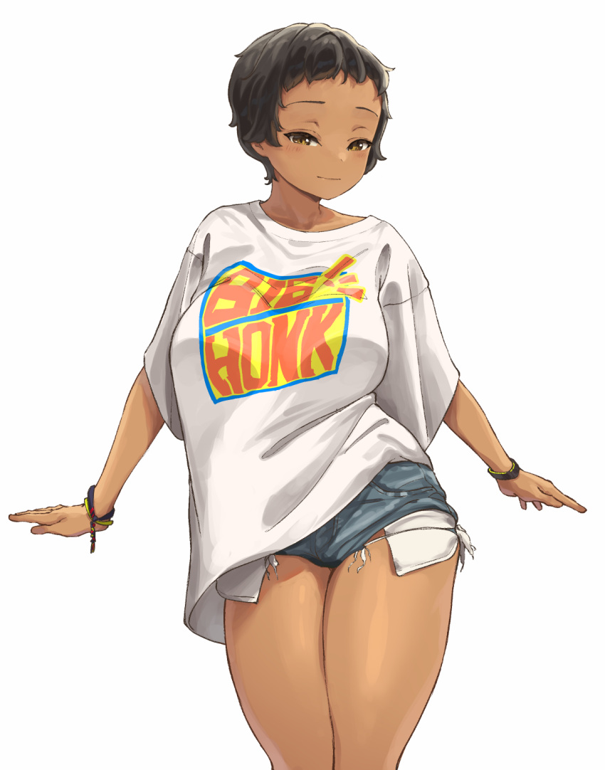 1girl, black_hair, breasts, brown_eyes, clothes_writing, dark-skinned_female, dark_skin, denim