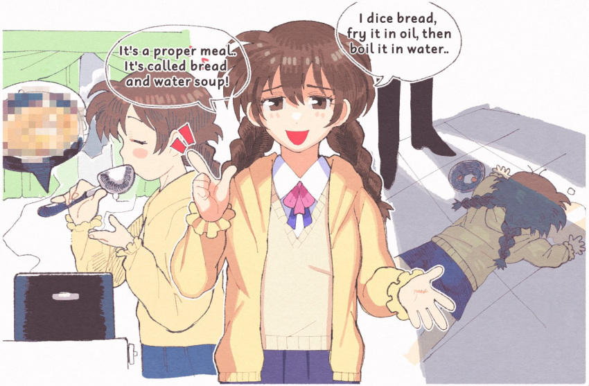 1girl, blush, braid, brown_eyes, cooking, english_text, gigantic_drive, hair_between_eyes, hood, hoodie, inkerton-kun, long_bangs, looking_at_viewer, misaki_nanao, tasting, twin_braids, yellow_hoodie