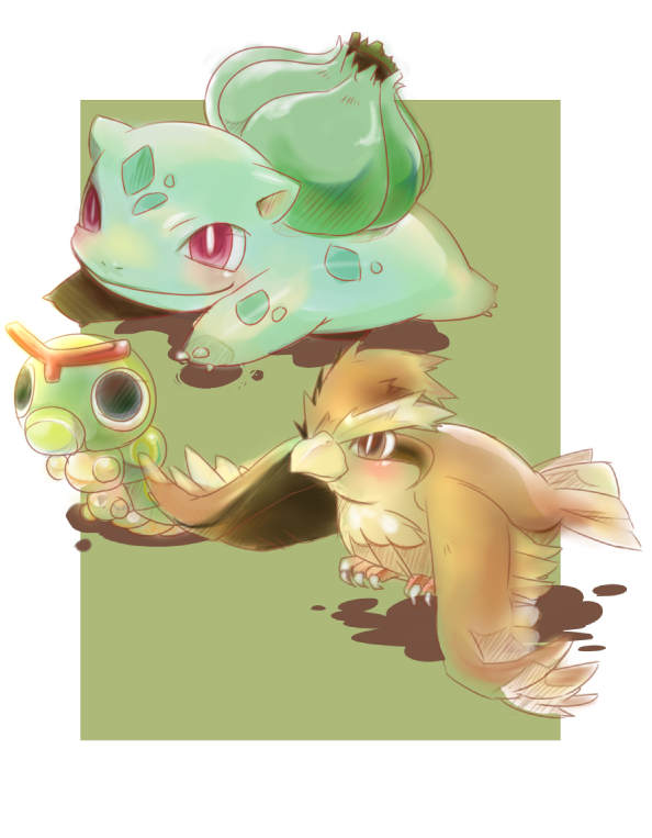 bird, bulbasaur, caterpie, nekonekopunyann, no_humans, outside_of_border, pidgey, pokemon, pokemon_(creature), simple_background