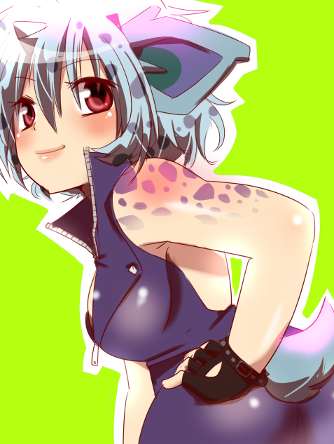 blue_hair, breasts, fingerless_gloves, gloves, hand_on_hip, hips, large_breasts, looking_back, markings, nekonekopunyann, nidorina, personification, pokemon, red_eyes, simple_background, smile, solo, tail, unzipped