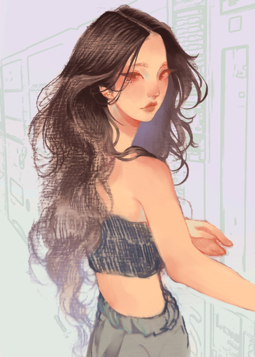 1girl, animification, bandeau, brown_hair, closed_mouth, commentary, cowboy_shot, earrings