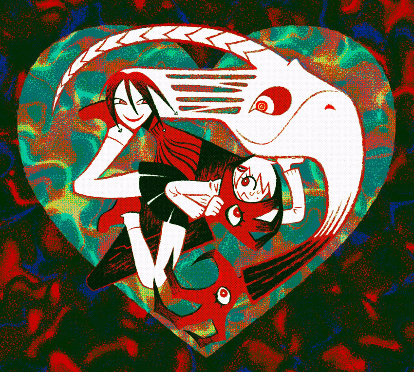 1boy, 1girl, abstract_background, absurdres, black_border, black_jacket, black_skirt, border