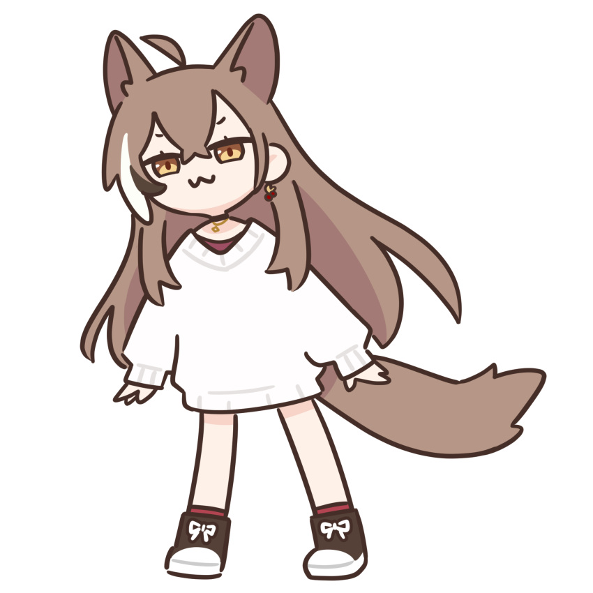 1girl, :3, ahoge, animal_ear_fluff, animal_ears, bloodymoonia, brown_eyes, brown_hair, choker, closed_mouth, ear_piercing, earrings, full_body, hair_between_eyes, highres, hololive, hololive_english, jewelry, long_hair, long_sleeves, looking_at_viewer, nanashi_mumei, piercing, shoes, simple_background, smile, sneakers, solo, standing, tail, very_long_hair, virtual_youtuber, white_background, wolf_ears, wolf_tail