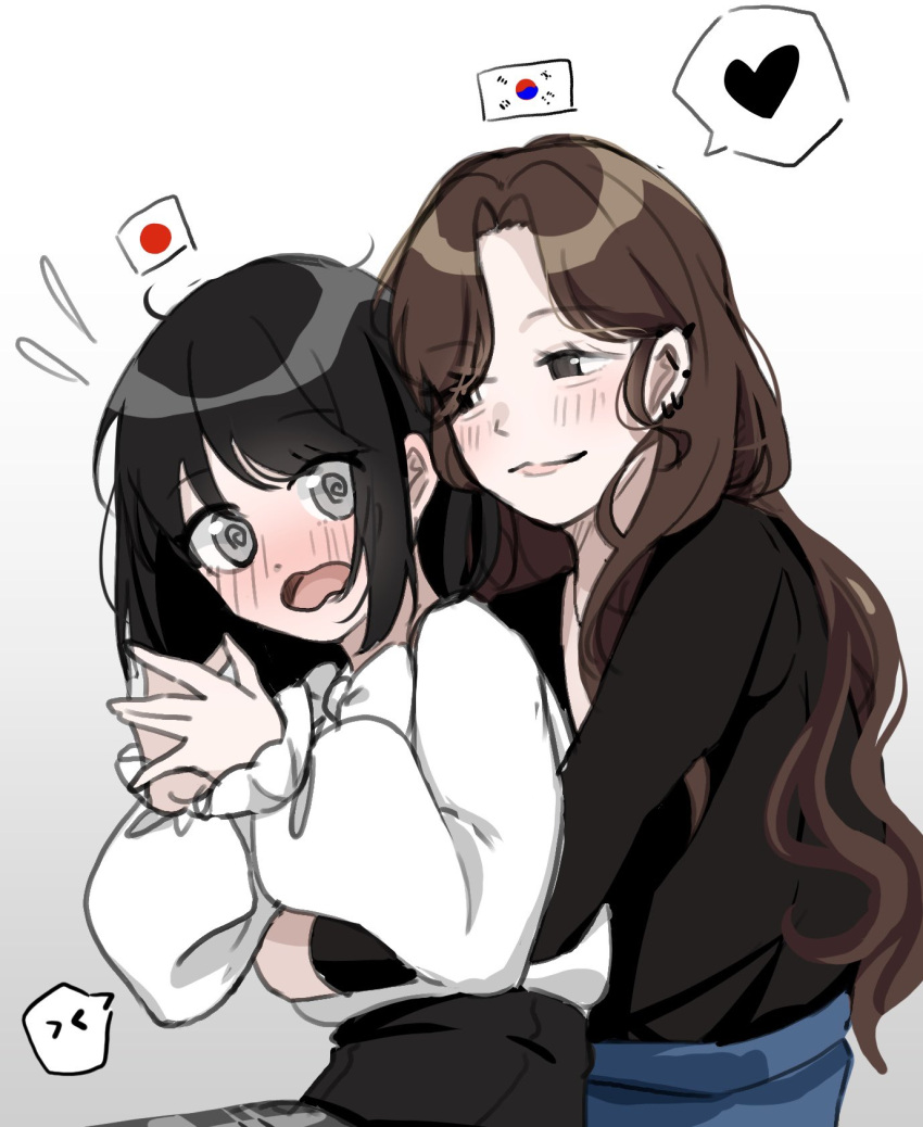 2girls, @_@, black_eyes, black_hair, black_shirt, black_skirt, blue_skirt, blush, brown_hair, closed_mouth, ear_piercing, gradient_background, grey_background, grey_eyes, heart, highres, hug, hug_from_behind, japan-korea_yuri_(meme), japanese_flag, kano3, long_sleeves, meme, multiple_girls, open_mouth, original, piercing, shirt, skirt, smile, south_korean_flag, spoken_expression, spoken_heart, sweater, white_background, white_sweater, yuri