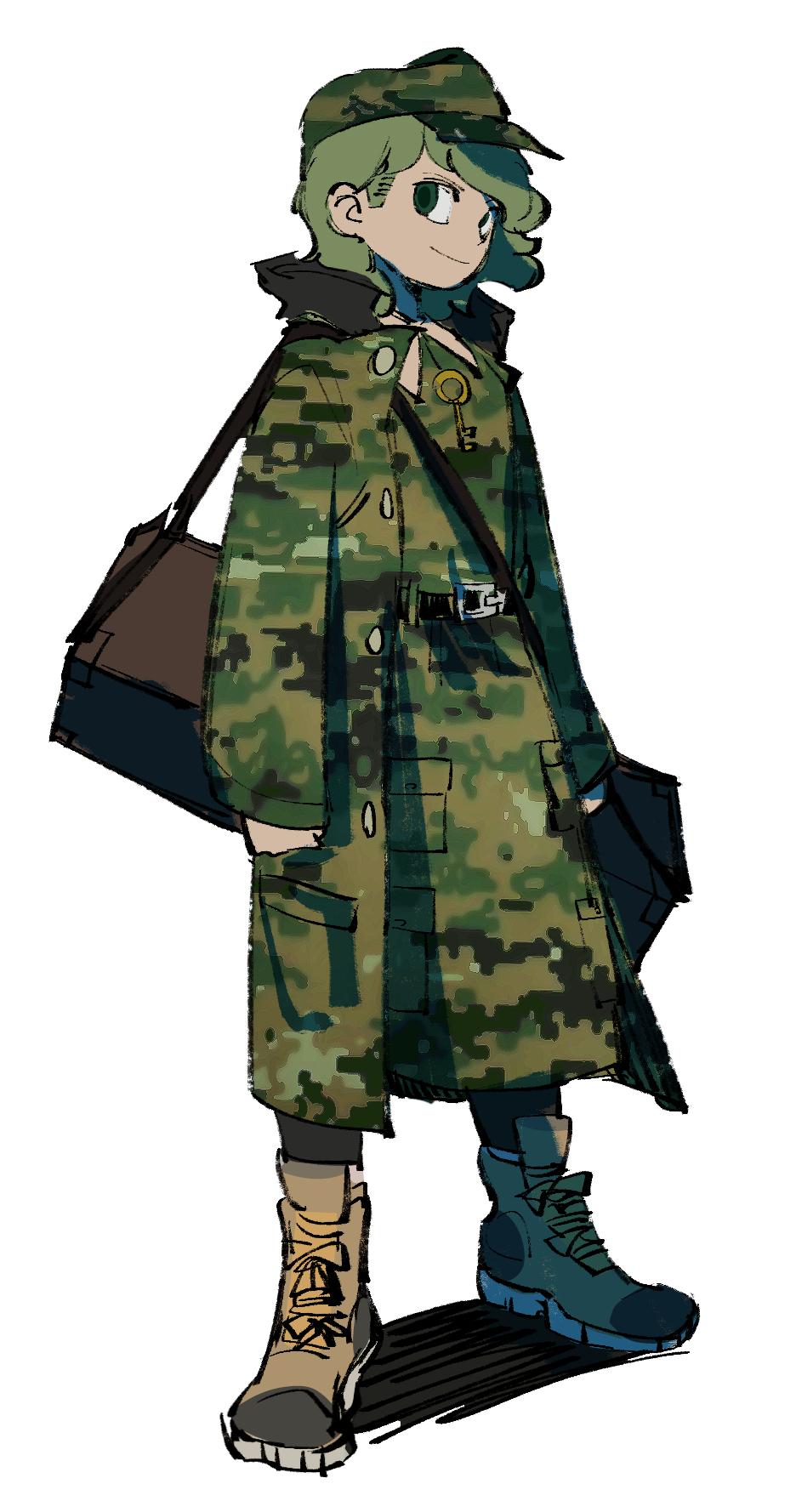 1girl, adapted_costume, ankle_boots, belt, boots, box, brown_footwear, camouflage