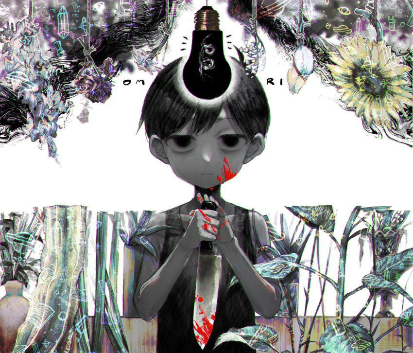 1boy, black_eyes, black_hair, black_tank_top, blood, blood_on_clothes, blood_on_face, blood_on_hands