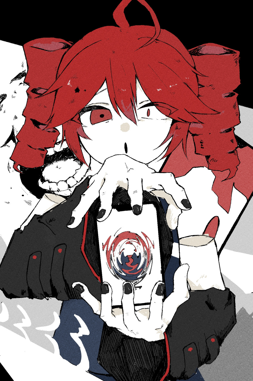1girl, ahoge, black_nails, black_shirt, black_sleeves, cellphone_photo, detached_arm, detached_sleeves, disembodied_mouth, drill_hair, highres, hito_mania_(utau), holding, holding_phone, kasane_teto, looking_at_viewer, open_mouth, phone, red_eyes, redhead, shirt, short_hair, solo, song_name, tanada_(hazureuniy), twin_drills, upper_body, utau